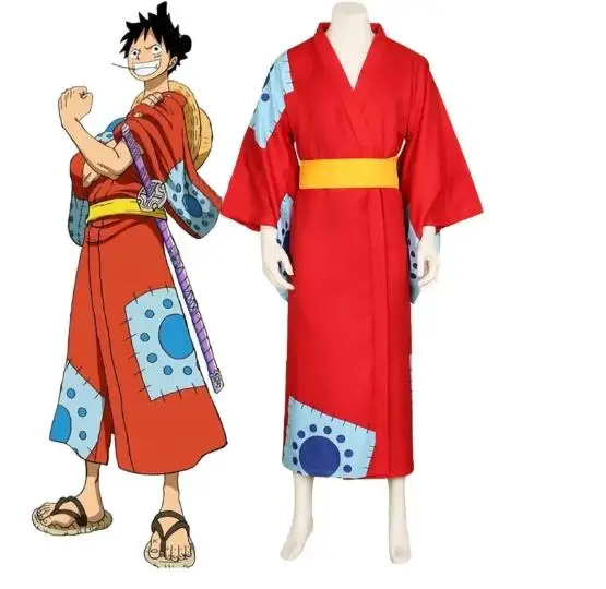 Anime Cosplay Luffy - アニメ ルフィ コスプレ衣装、ワノ国モンキー コスプレ着物 大人男性用 赤いカーディガン付き帽子、オリンピック