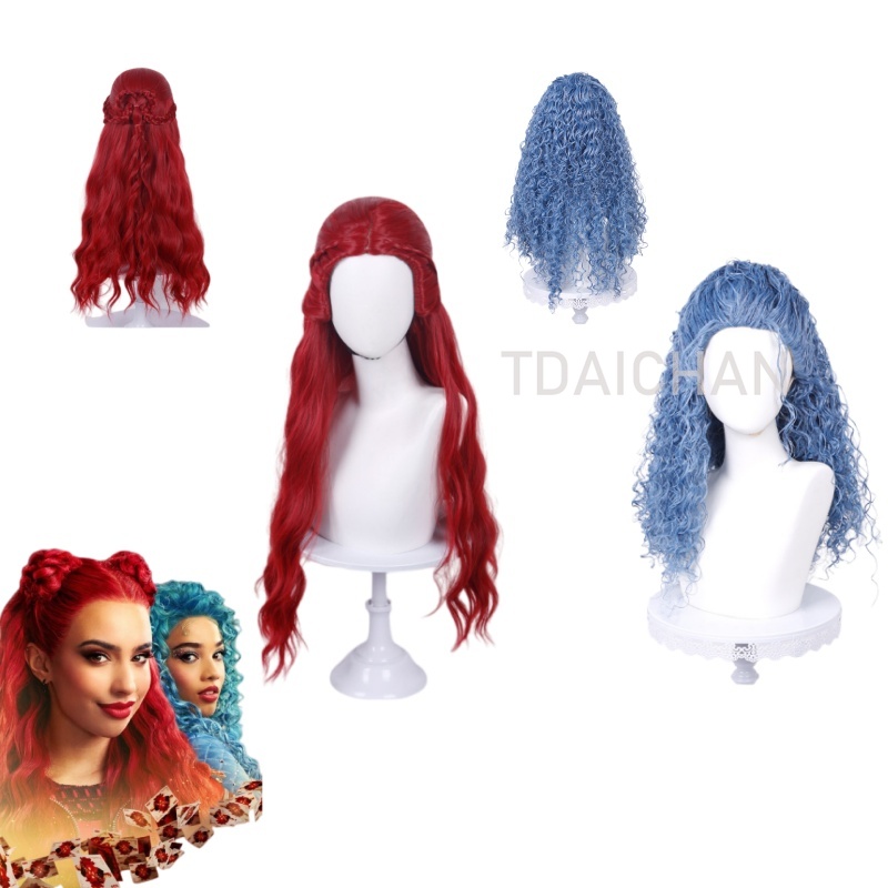 Anime Cosplay With Red Hair - カーリーコスプレウィッグレッドプリンセスハートヘアスタイルクローブブルー小さなカーリーウィッグ耐熱人工毛ハロウィンパーティーコスチューム