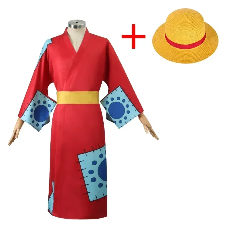 Anime Cosplay Luffy - アニメ ルフィ コスプレ衣装、ワノ国モンキー コスプレ着物 大人男性用 赤いカーディガン付き帽子、オリンピック