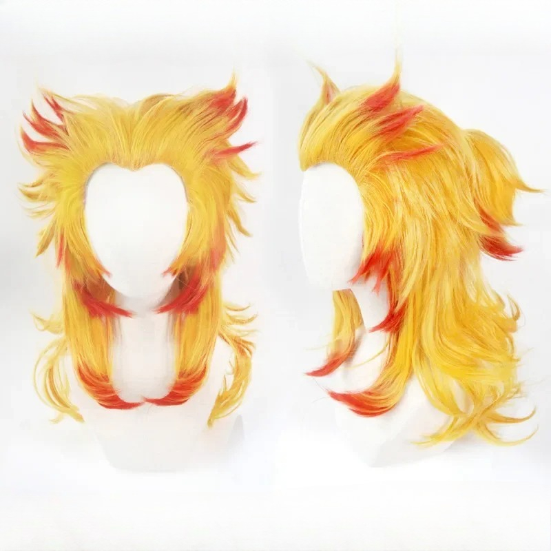 Anime Cosplay With Red Hair - 煉獄杏寿郎ウィッグ鬼滅の刃コスプレ赤黄色混合耐熱人工毛ロールプレイハロウィンコスチュームウィッグ