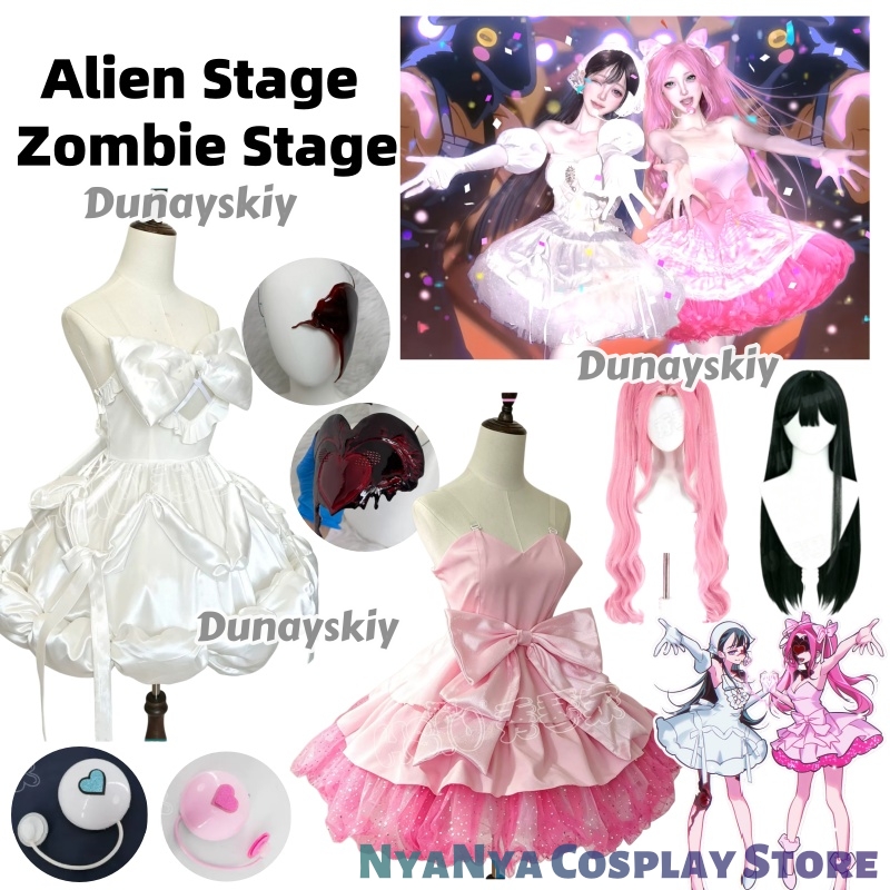 Anime Zombie Cosplay - エイリアンステージゾンビステートミジコスプレ衣装ウィッグピンクミニドレスキュートビッグボウグリッターラッフルスカートアイドルステージ衣装フルセット