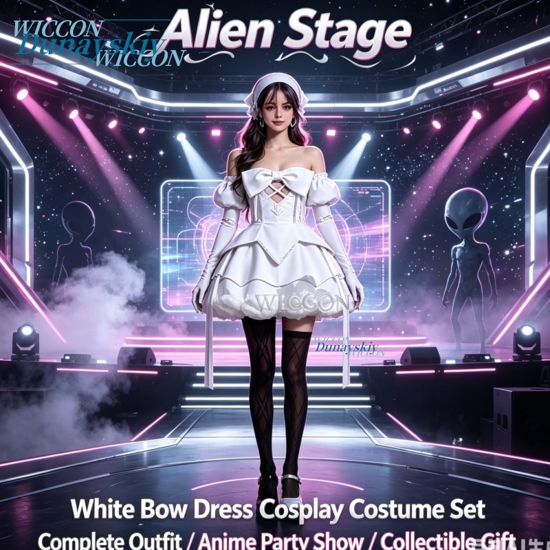 Anime Zombie Cosplay - アニメエイリアンステージゾンビホワイトリボンドレスコスプレ衣装セット帽子シルバー装飾フルセットハロウィンパーティー衣装