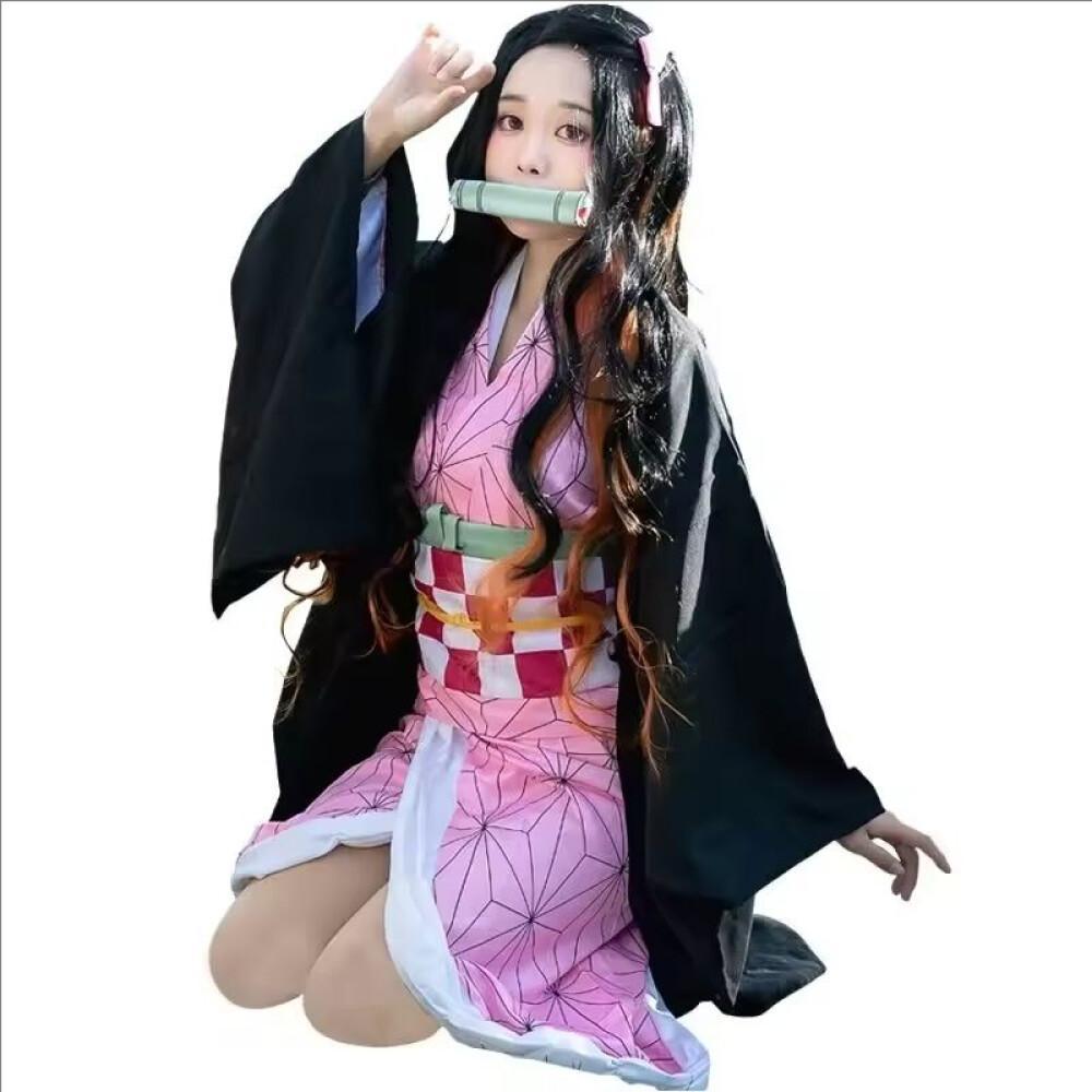 Cosplay Anime Tsunade - アニメ鬼滅の刃カマドねずこコスプレ衣装 大人子供女性着物ウィッグハロウィンカーニバル衣装スーツ