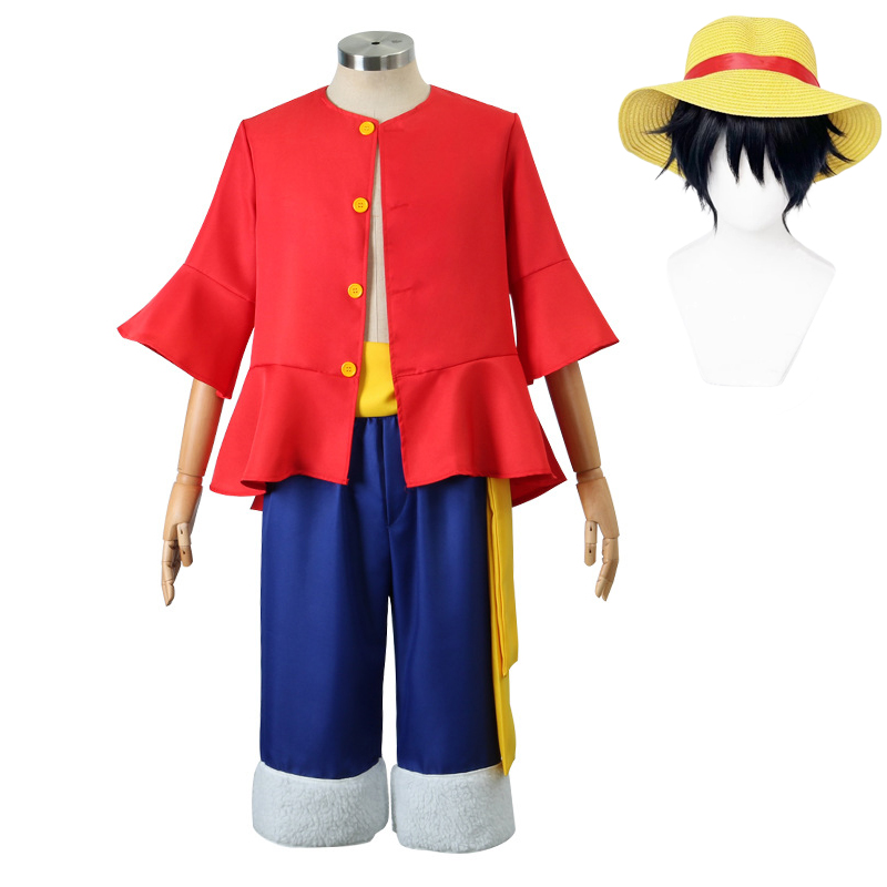 Anime Cosplay Luffy - ルフィコスプレ衣装帽子かつらアニメ OP 子供大人ハロウィンカーニバルパーティーロールプレイングスーツ衣装服