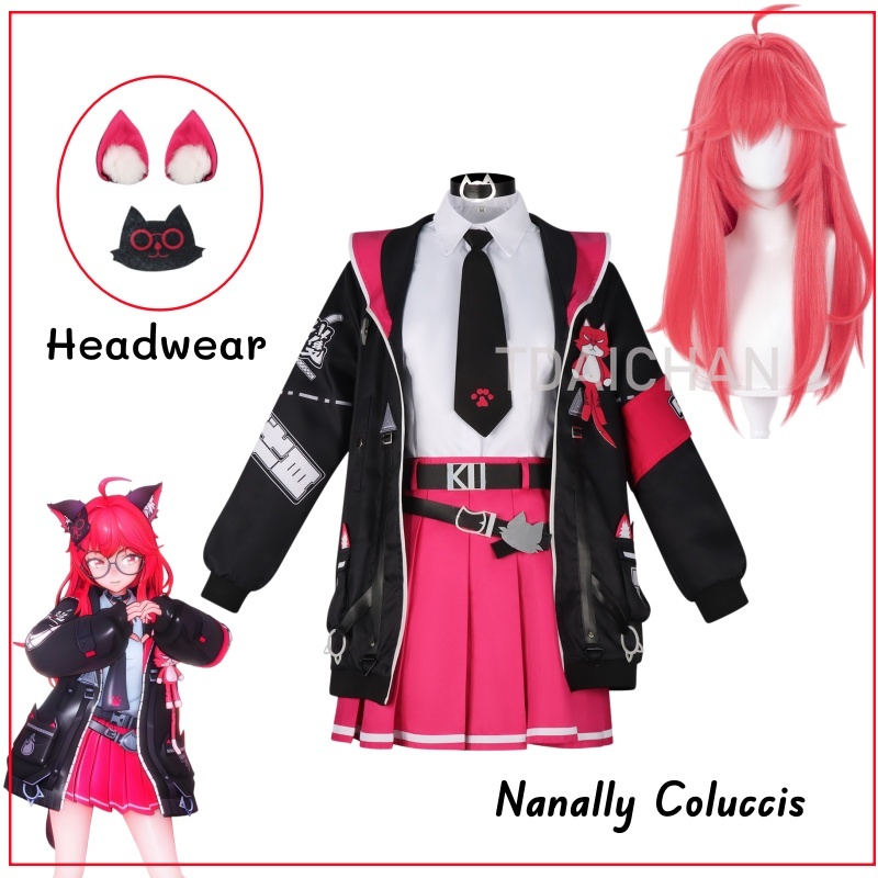 Anime Cosplay Cat - ネバーネス・トゥ・エバネス ナナリー・コルッチシ コスプレ衣装 フルセット ピンクウィッグ付き 猫耳メガネ