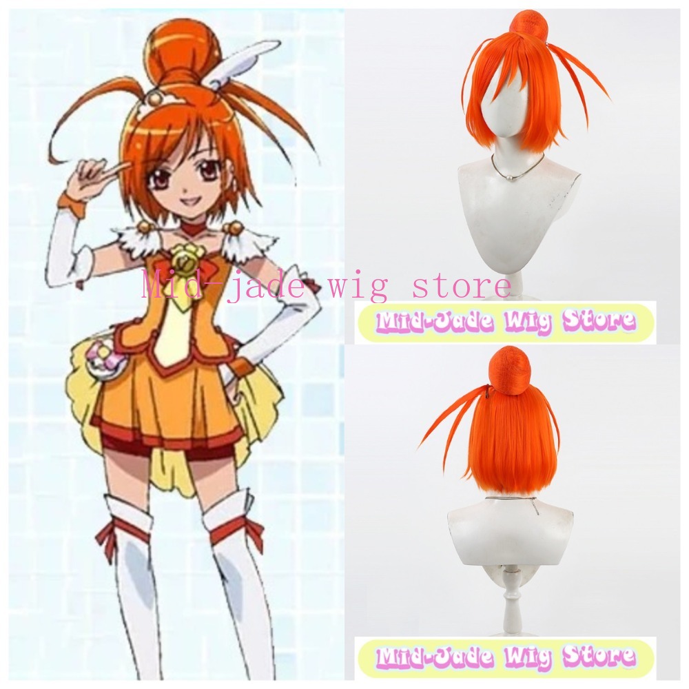 Cosplay Anime Expo - スマイルプリキュア 火野明音 コスプレウィッグ 耐熱ファイバー オレンジ髪 取り外し可能なお団子付き