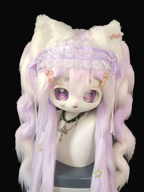 Anime Cosplay Cat - 手作りキグフーリーコスチュームヘッド、かわいい猫ケモノマスク、アニメコスプレフルヘッド、紫髪ロリータ風毛皮コスチューム（毛皮ファン向け）