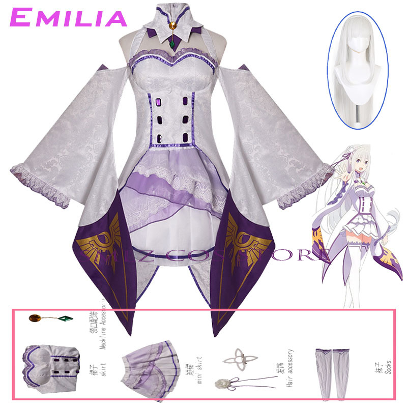 エミリアコスプレアニメ再ゼロカラハジメル異世界生活衣装白制服 - Anime Cosplay Dress のレビューと価格