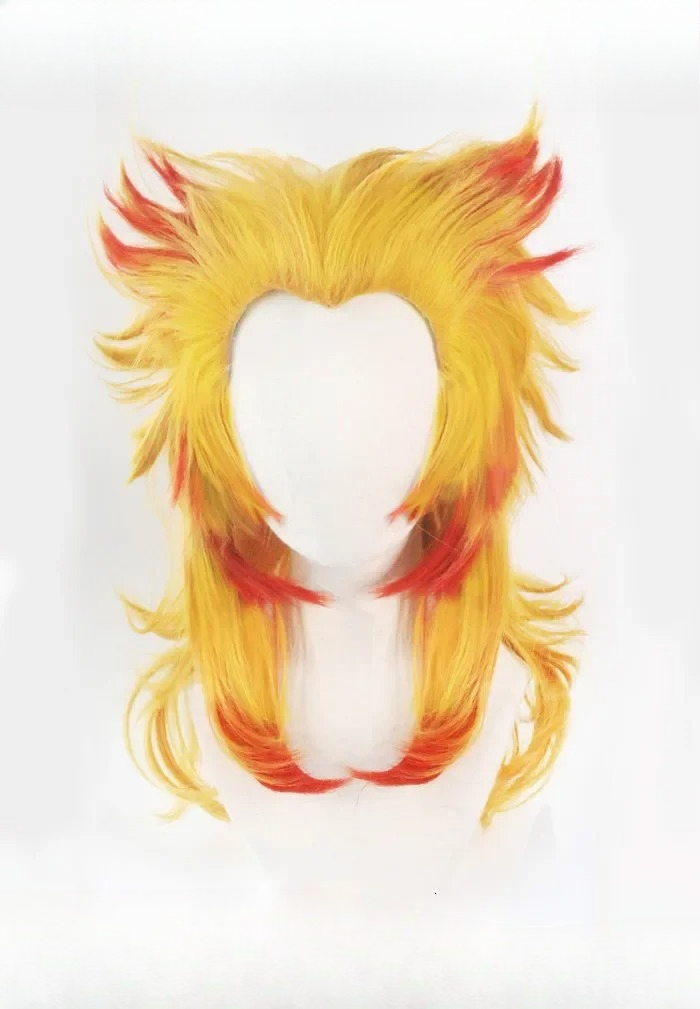 煉獄杏寿郎ウィッグ鬼滅の刃コスプレ赤黄色混合耐熱人工毛ロール - Anime Cosplay With Red Hair のレビューと価格